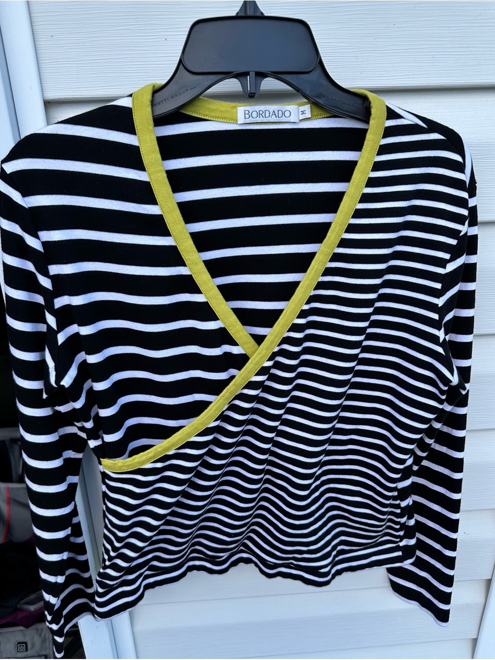 Women's Black & White Stripe Top with Olive Trim - Picture 4 of 5